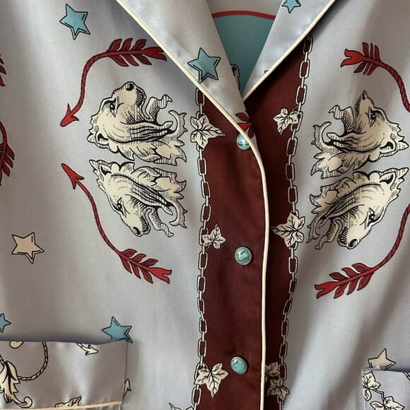 Sandro Top Pajama Shirt Blue Brown Silk Floral Button-up Three-Quarter Size 3 - Picture 5 of 6
